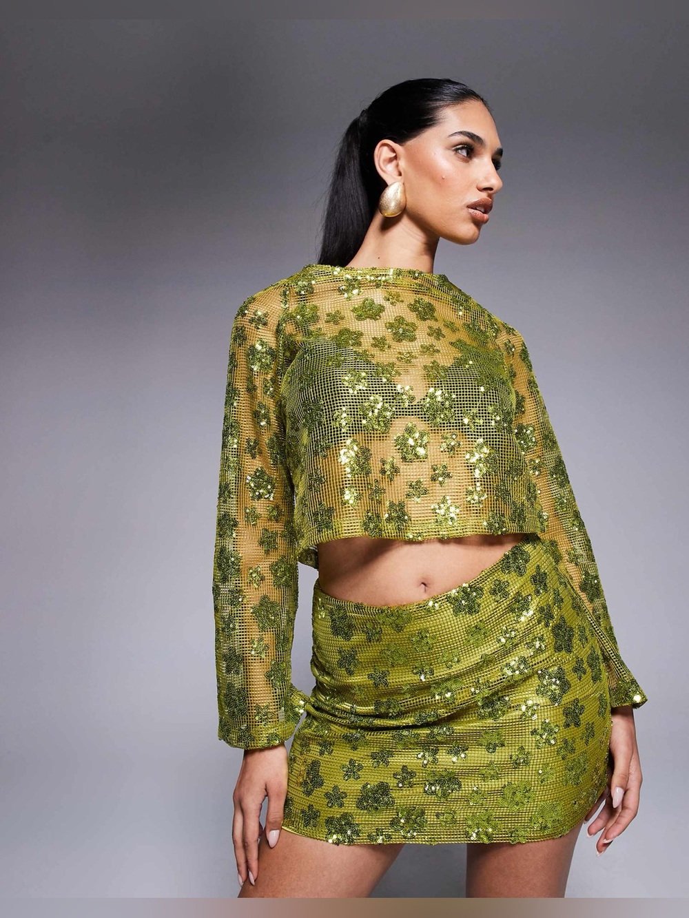 ASOS Design Women’s Crochet Floral Sequin Green Top And Skirt Set Size 0 New